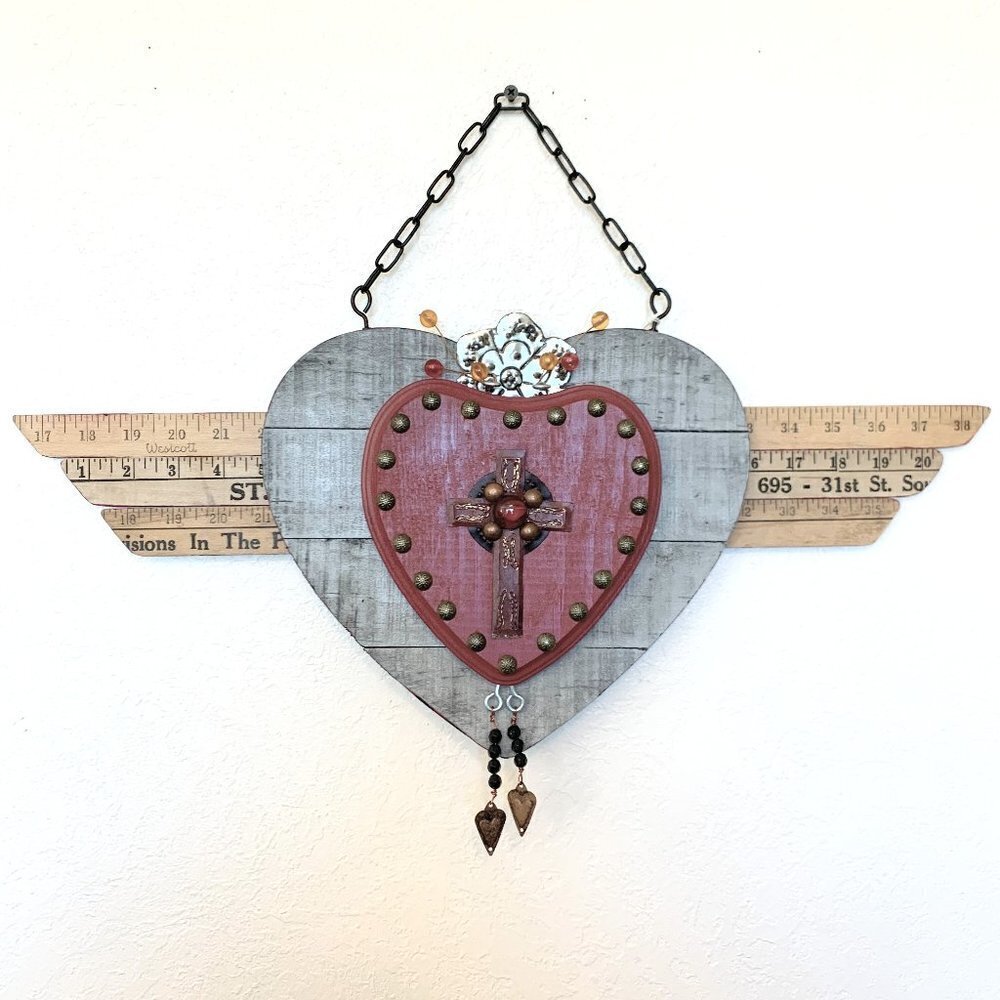 Red Flaming Heart LARGE - recycled art - assemblage art - Signed by artist